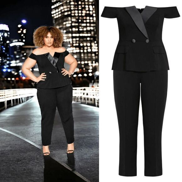 NWT City Chic Sexy tuxe jumpsuit off the shoulder bodysuit‎ size 14 - Picture 1 of 5